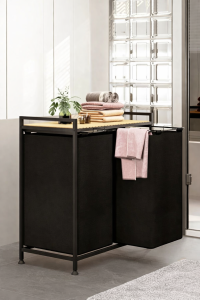 Çamaşır Sepeti Kirli Sepeti Ahşap Banyo Dolabı Büyük Boy Geniş 2 Bölmeli Kumaş Kirli Sepeti